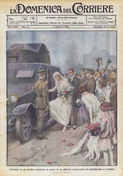At the Altar in a Steel Carriage, the Wedding of an Armored Car Officer, in London by Achille Beltrame
